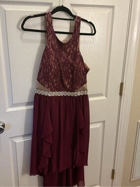 Formal Dress Burgundy Lace High Low with Rhinestone Waist